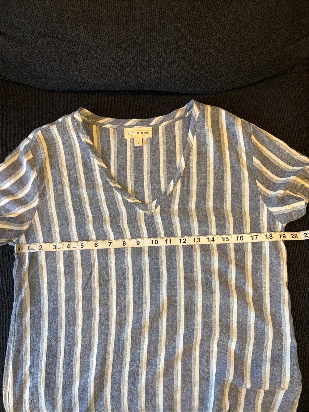 cloth & stone Blue and White Striped High-Low V-Neck Linen Blend Dress - Picture 11 of 13